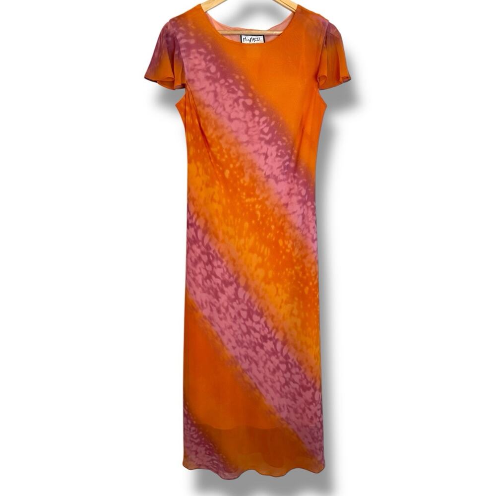 Vintage Mary McFadden Pink Orange Maxi Slip Dress Flutter Sleeve Size 10